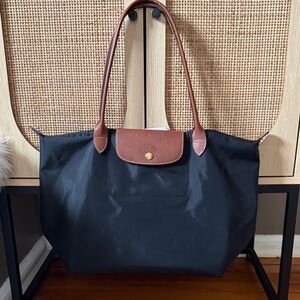 Longchamp Black Tote with Brown Leather Trim